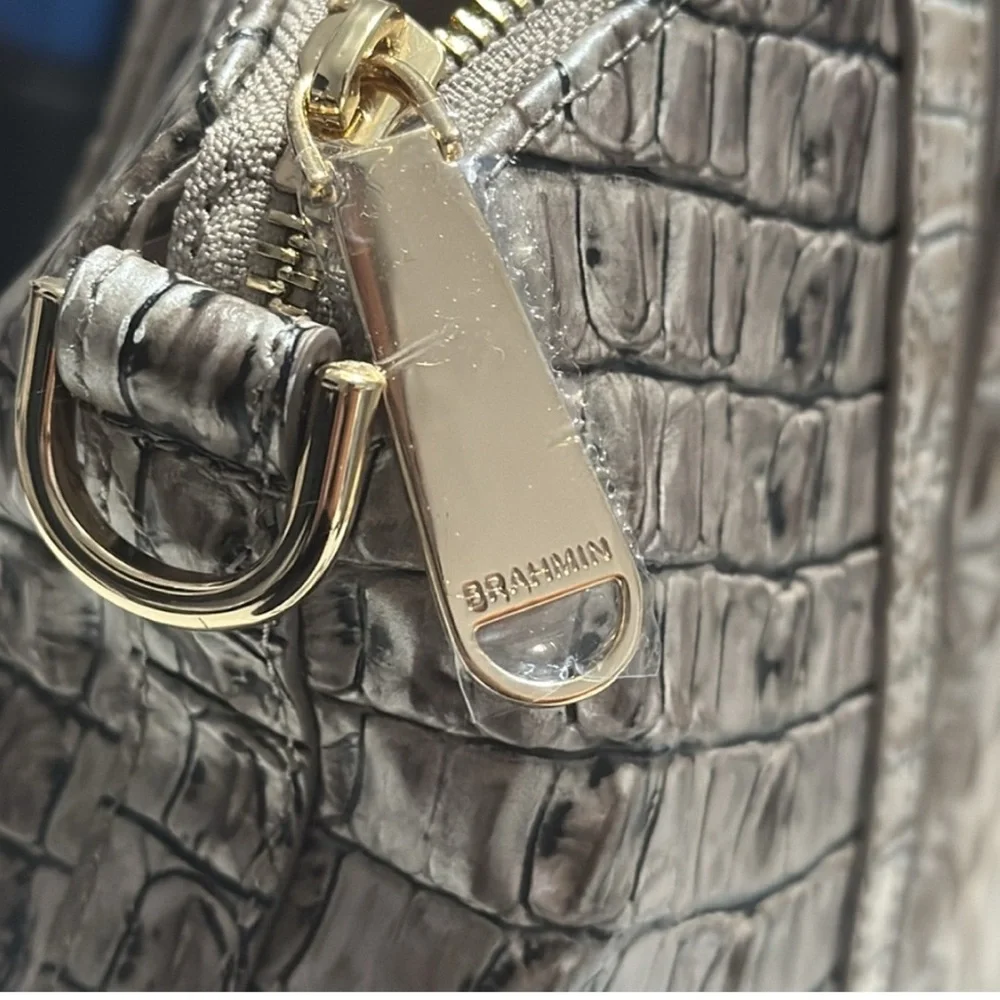 Elegant Brahmin Silver Crocodile Embossed Satchel and Wallet Set